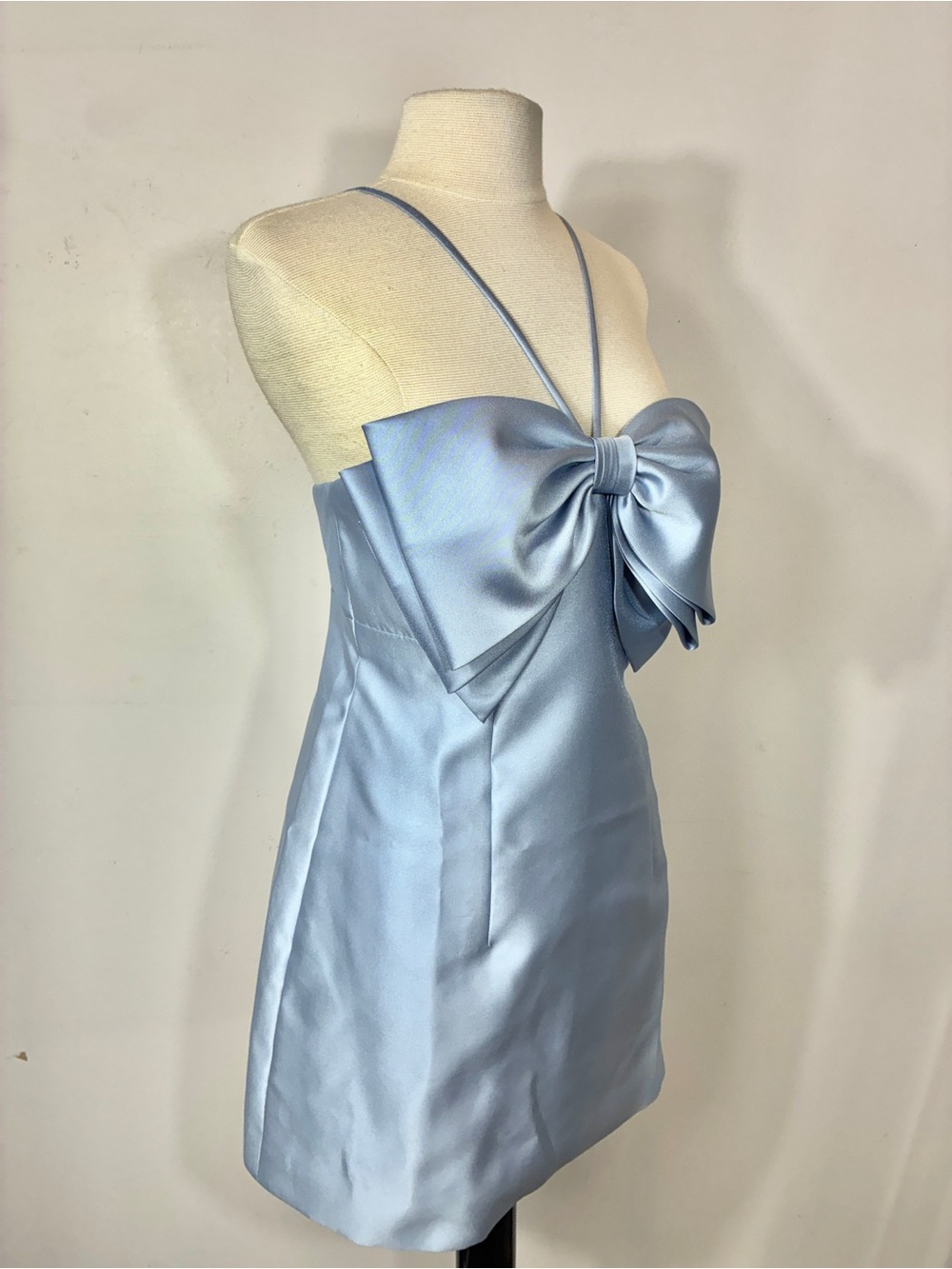 Alfred Sung Light Blue Satin Mini Dress Oversized Bow Detail Size M - Picture 5 of 11